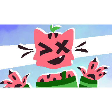 a frame of an animation meme of a watermelon-colored cat furry character putting their hands up and smiling. the frame has a blue background with a white stripe through it